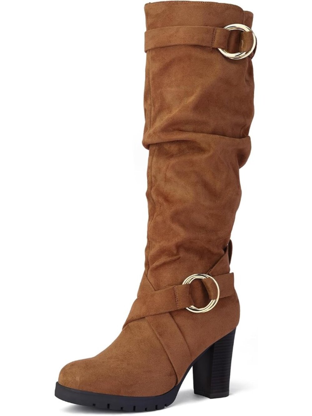 Women's Camel Suede Knee High Boots Chunky Block Heel Side Zipper Non-Slip Boots